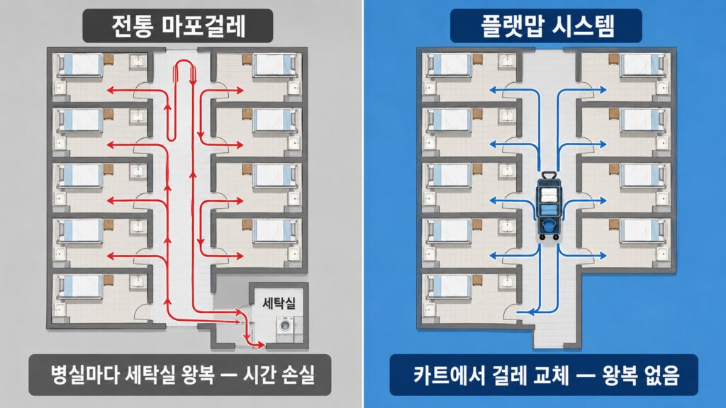 병동 평면도로 비교한 전통 마포걸레와 플랫맙 시스템의 청소 동선 차이
